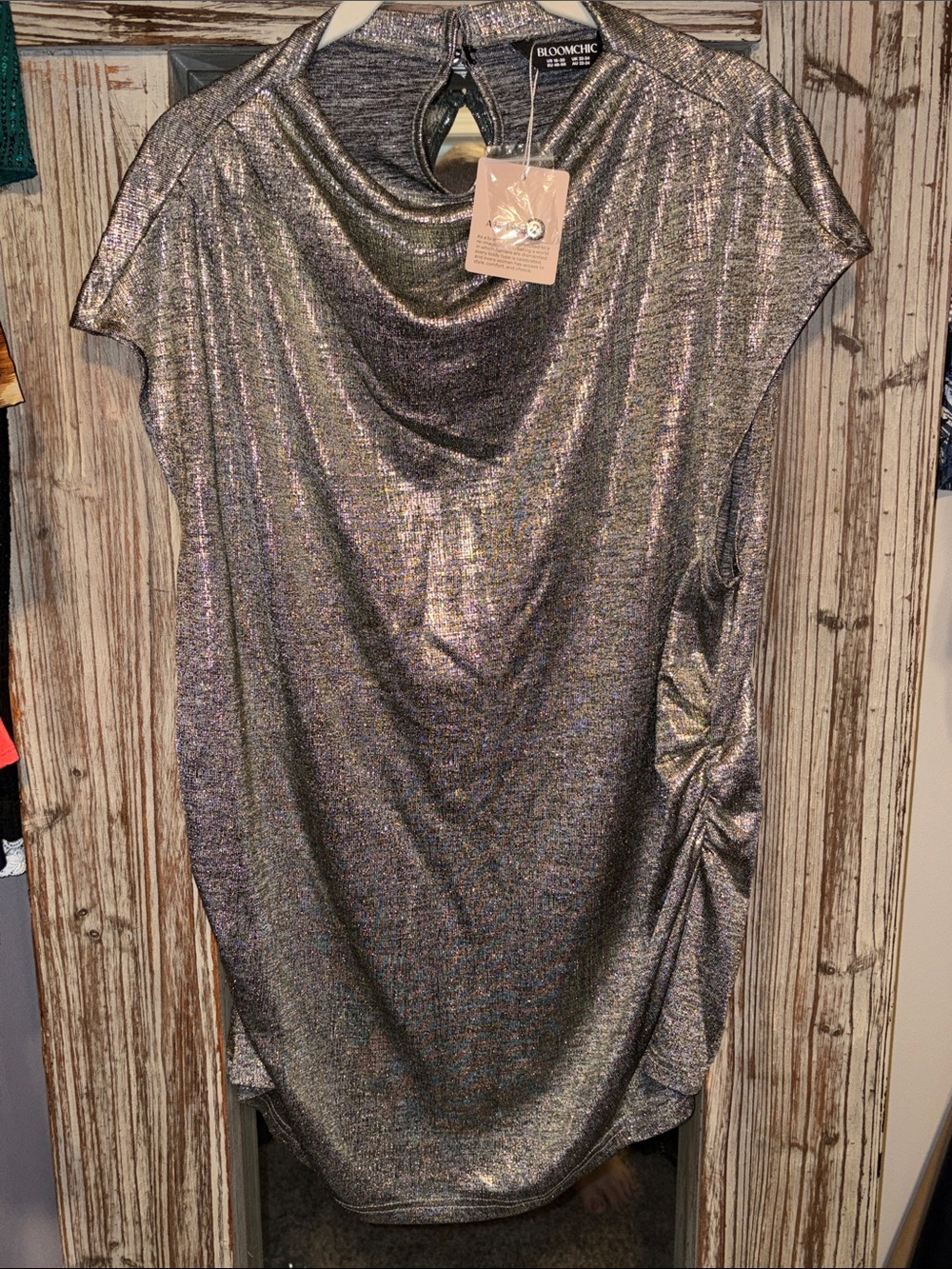BloomChic Metallic Silver Draped Short-Sleeve Tunic
